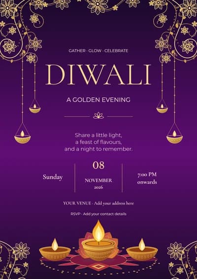 Editable Purple & Gold Diwali Invitation Template